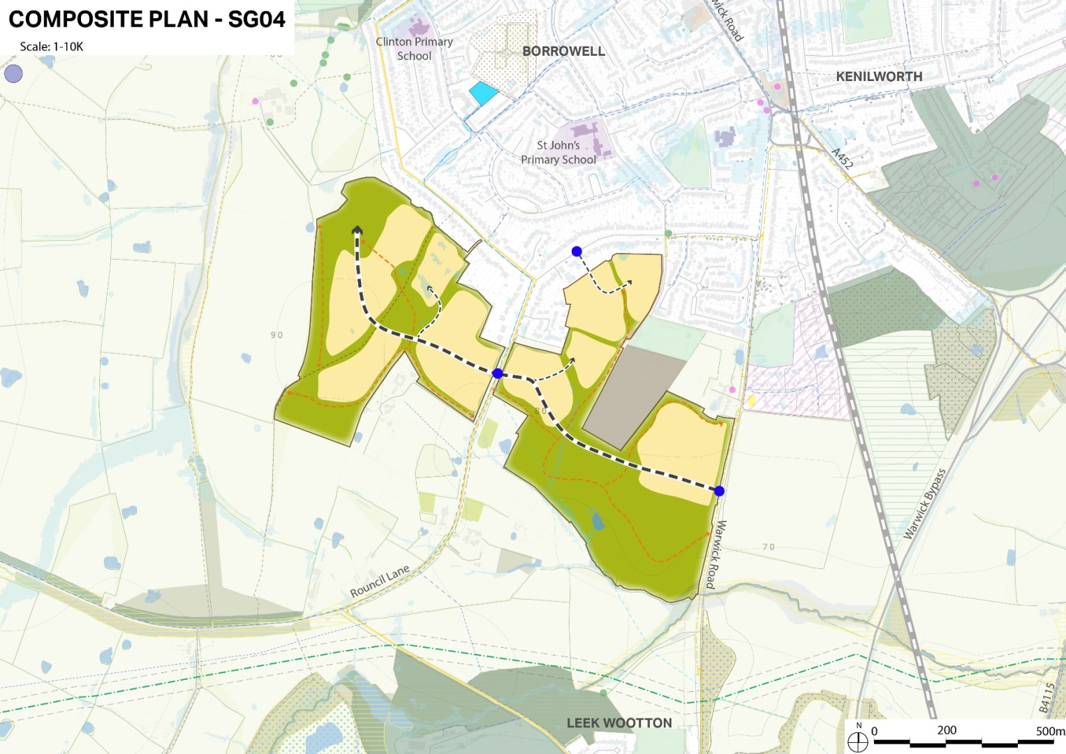 Map showing highlighted green and yellow areas with blue markers connected by a dashed path near St John's Primary School and Bodal Lane.