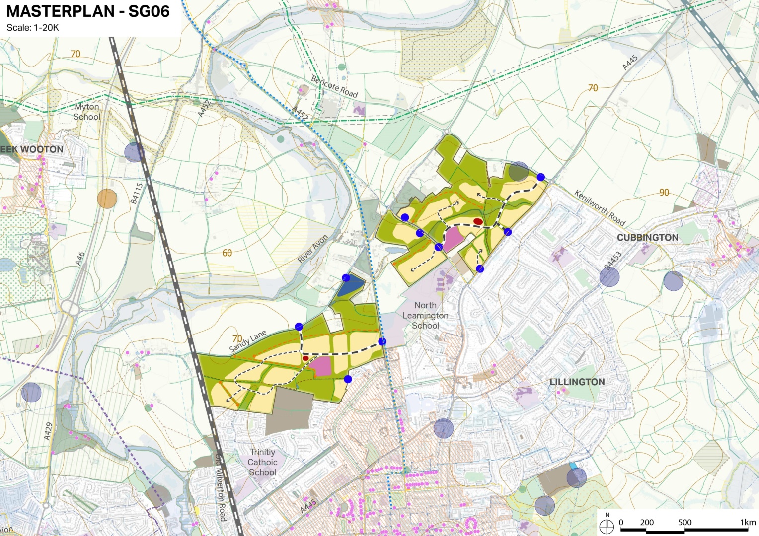 Detailed map showing North Leamington School and surrounding Lillington area with fields, roads, and recreational spaces, marked with blue and red location pins.