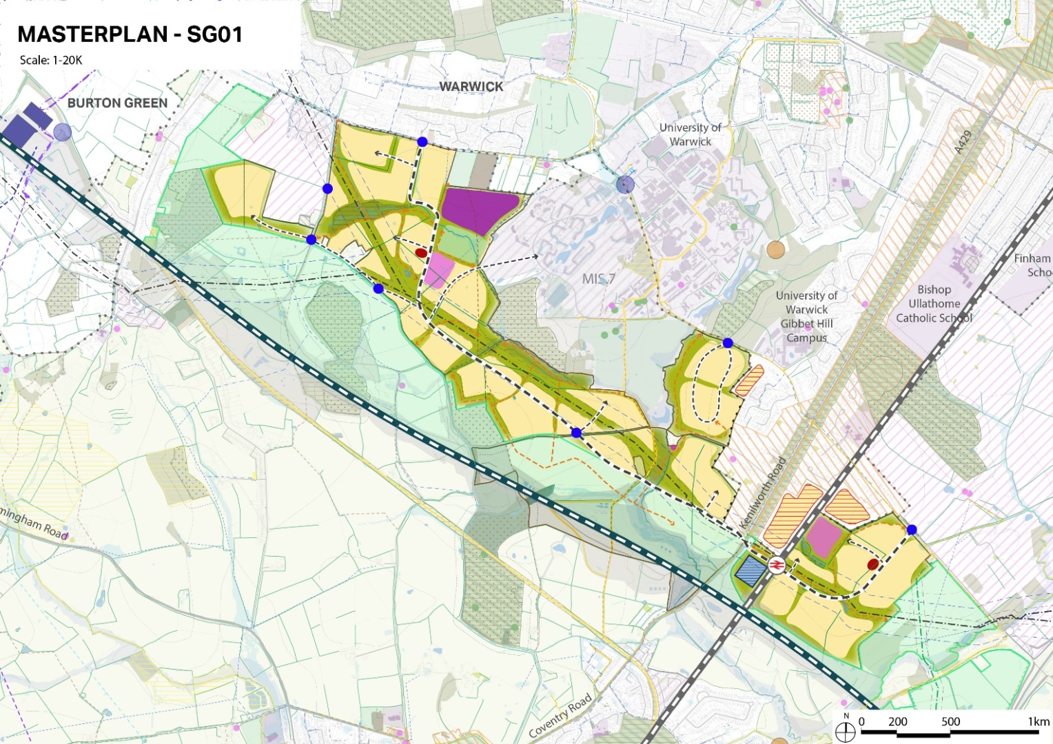 Aerial map with green, yellow, and purple shaded areas, roads, and landmarks including University of Warwick and Catholic School.