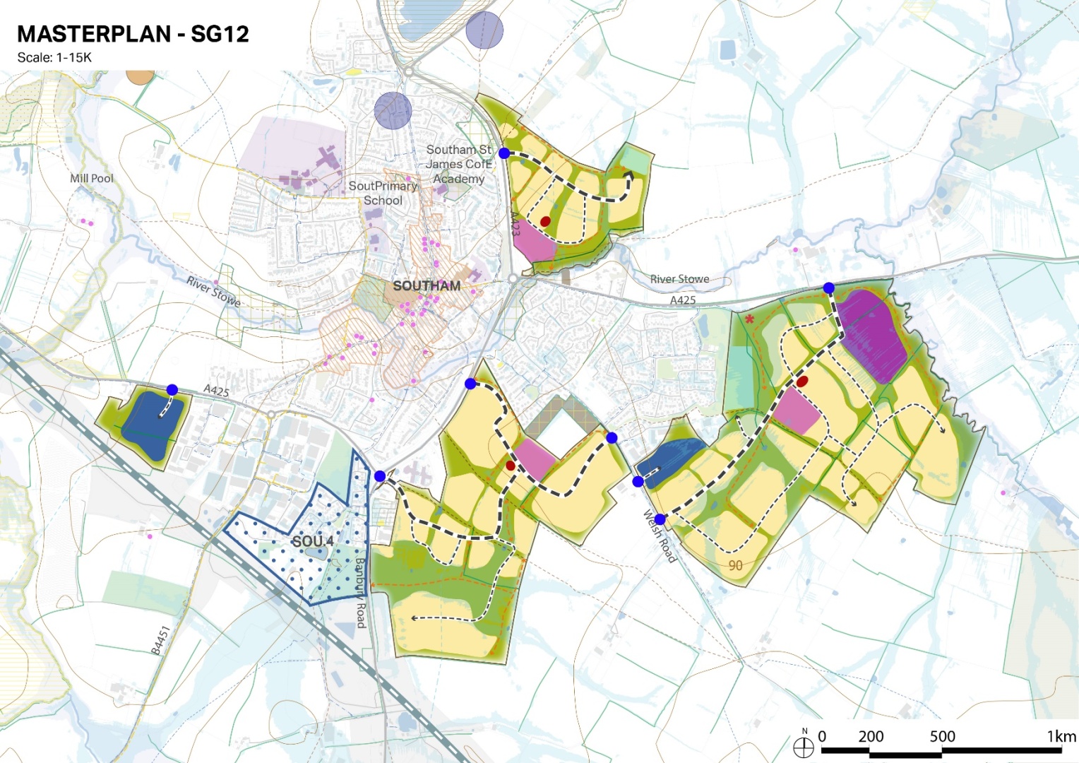 Map showing Southam with colour-coded zoned areas, dotted boundary lines, blue and red markers, roads, and physical features.