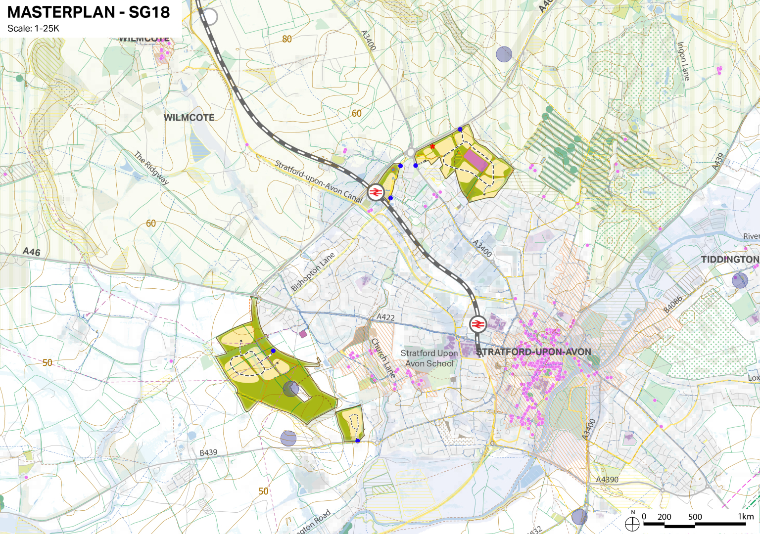 Map showing Stratford-upon-Avon Canal and surrounding area with yellow and green zones outlined in a dashed line, blue and red markers at various points, and labels for roads and waterways.