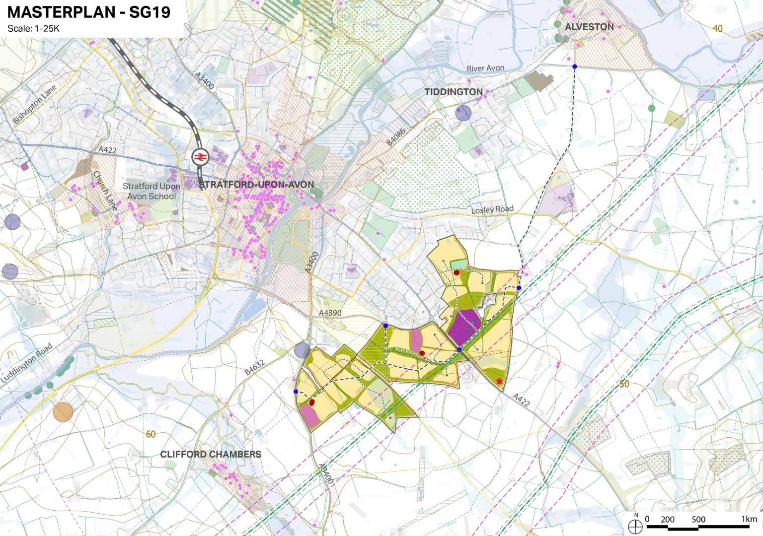 Colour-coded map with roads, fields and markers, showing development zones in relation to A4390, B4632, A422 and Loxley Road.