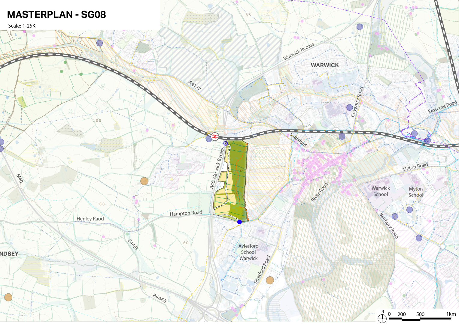 Map showing A46 Warwick Bypass outlined in black, green highlighted area to the east, and blue pushpins marking locations.