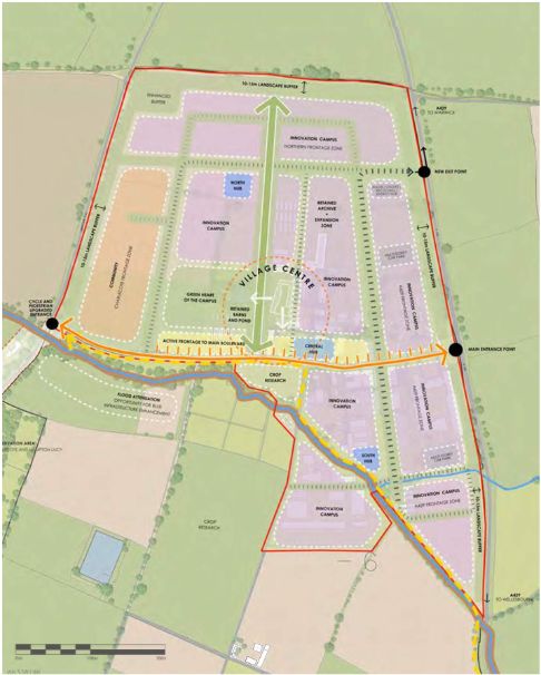 Map showing the layout of a village centre with labelled zones, reservoirs, access roads, car parks, and Entrance Pond, plus boundaries for flood and land analyses.