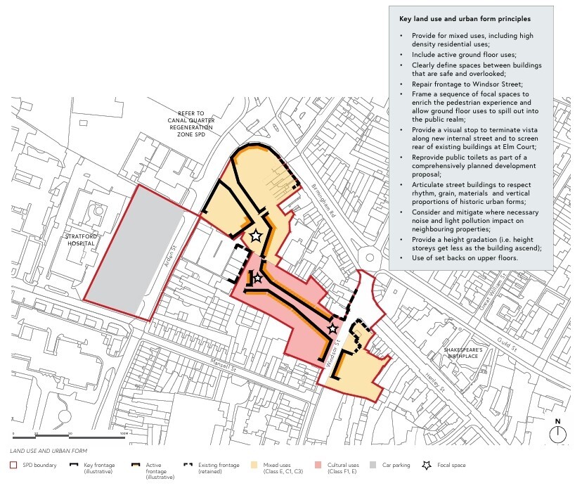 Map showing a proposed development site with existing buildings, roads, and highlighted areas for urban form principles, including mixed-use spaces, green infrastructure, and active ground floors.