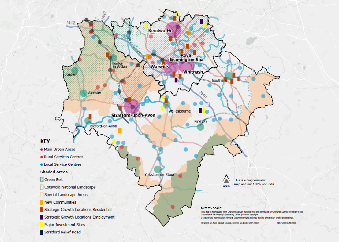 Diagrammatic map of Stratford-on-Avon district, showing main urban areas, rural and local service centres, green belt, Cotswold National Landscape, special landscape areas, new communities, strategic growth locations, major investment sites, roads, and rivers.