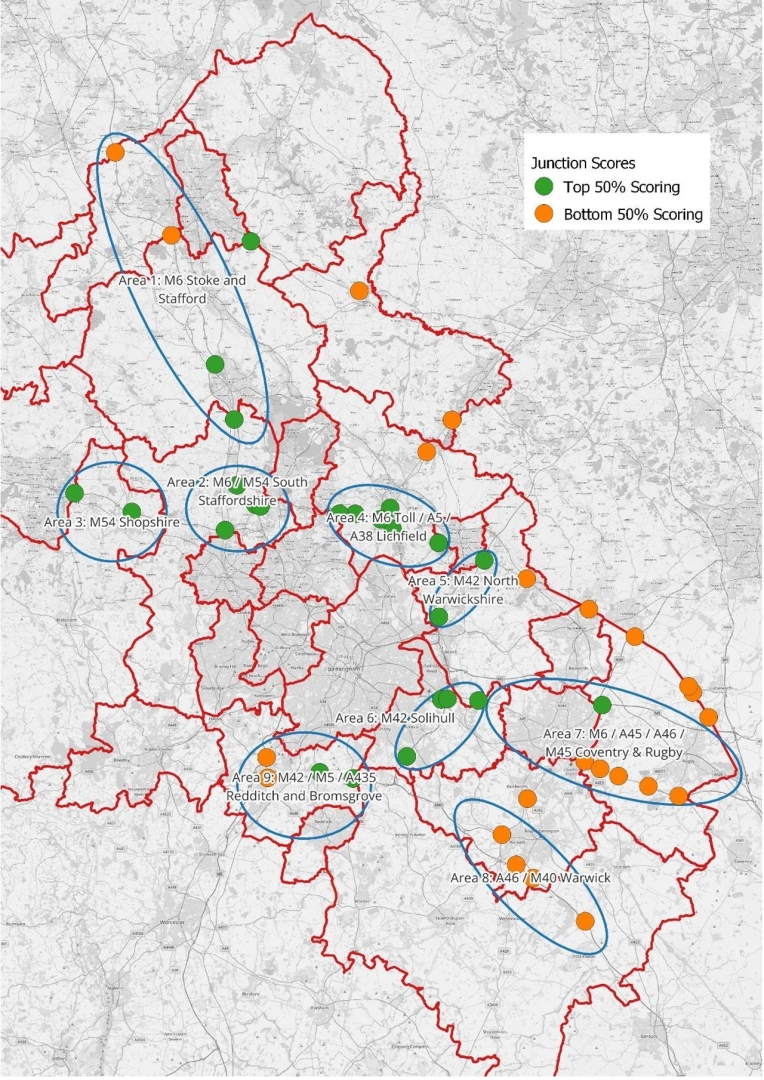 Map of West Midlands with motorway junctions marked as green or orange dots, indicating top and bottom 50% scoring junctions. Areas 1-9 are circled in blue, covering regions like Stoke, Stafford, and Coventry.